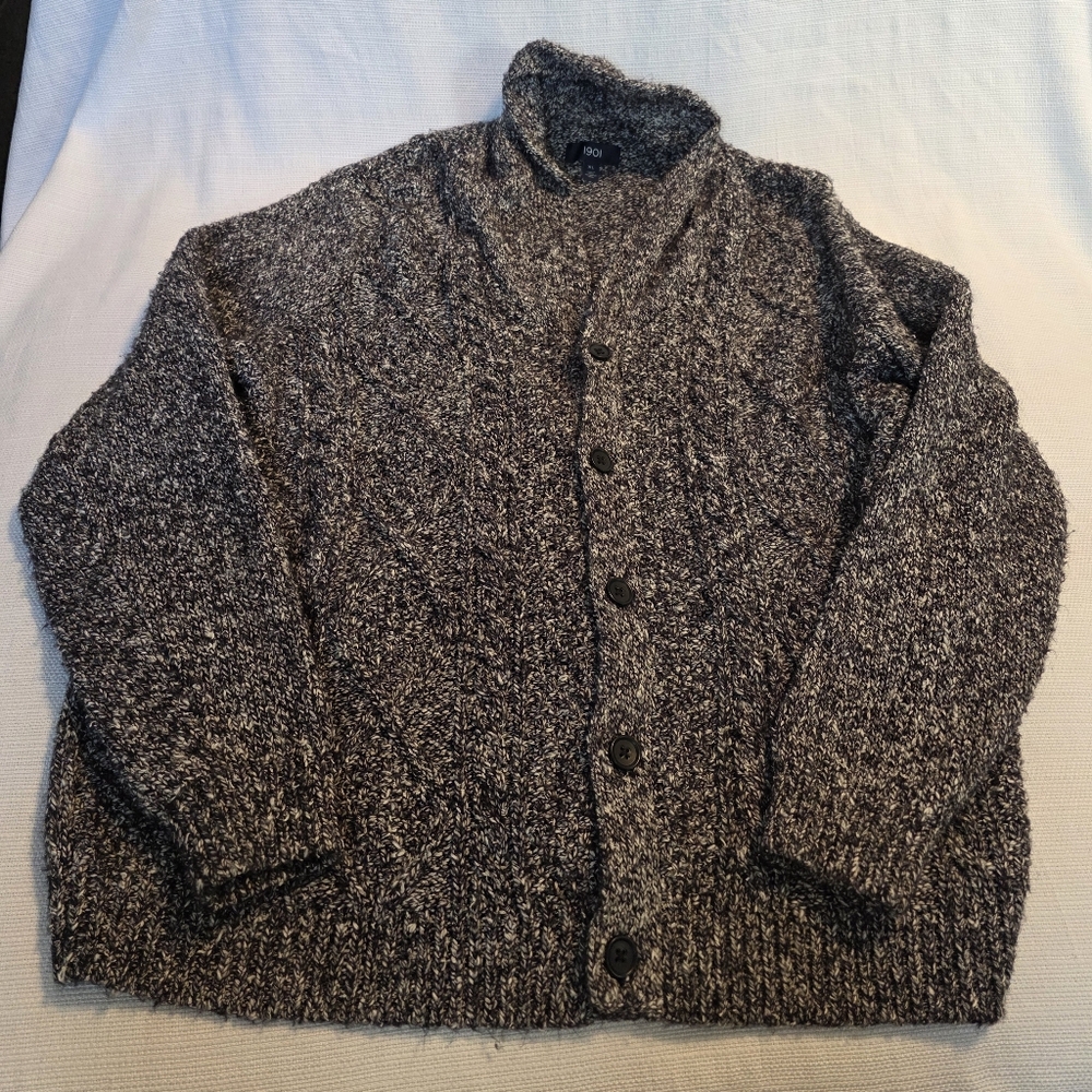 1901 Men’s Shawl Collar Button Front Cardigan Sweater XL Gray Marled Knit